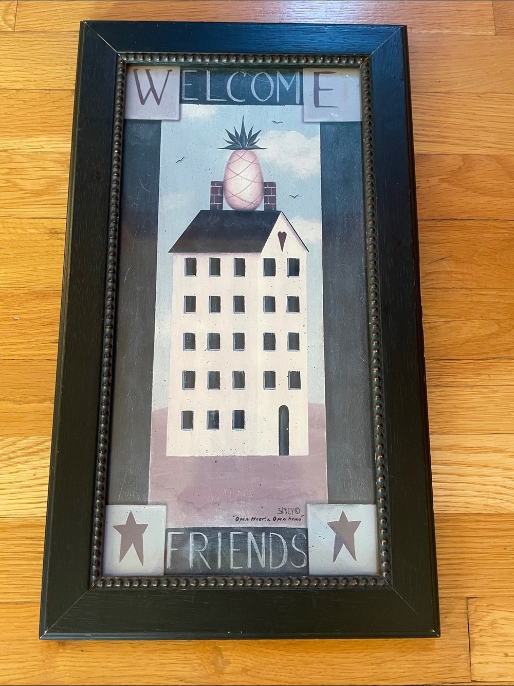 “Welcome Friends” Primitive Pineapple House Wall Art-Black Wood Frame - 19”x11”
